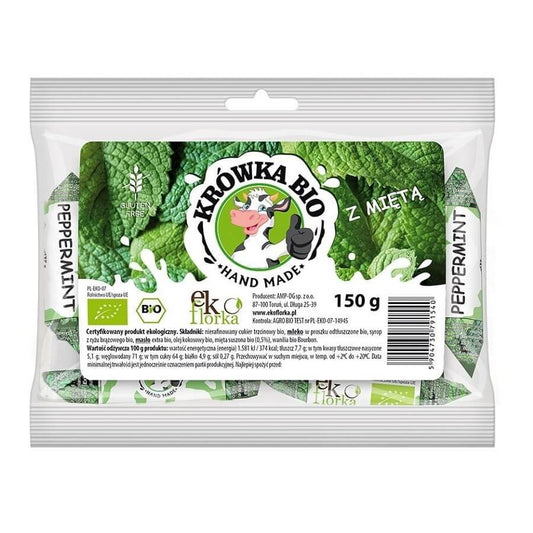 Glutenfreie Minz-Fudges von EKOFLORKA, Bio, 150 g, weiche Süßigkeit mit Minzaroma und grüner Verpackung.