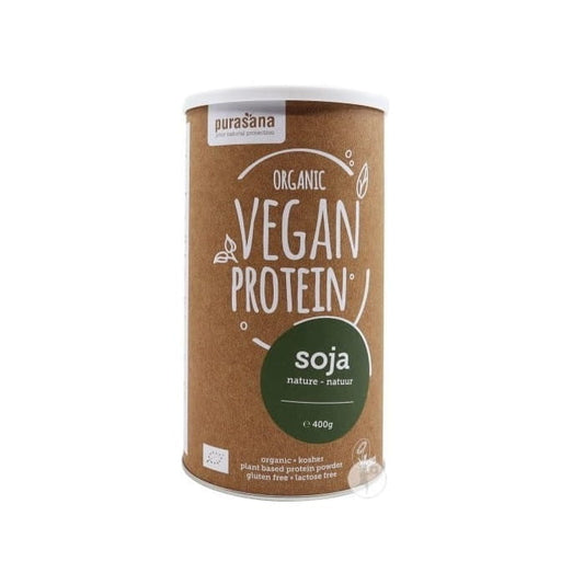Bio glutenfreies Sojaprotein von PURASANA, laktosefrei, 400 g, in einer offenen Verpackung, zeigt die Textur des Produkts.