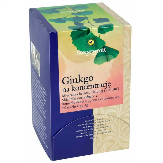 Bio Ginkgo-Tee von SONNENTOR zur Konzentration in 20 Beuteln, sichtbare Teebeutel mit Ginkgo-Blättern in der Verpackung