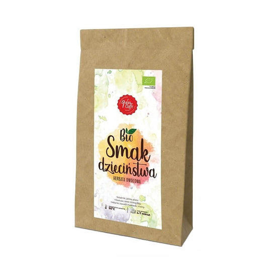 Früchtetee aus der Kindheit von QUBA CAFFE in 100 g Packung, mit bunten Früchten und Kräutern im Glasbeutel sichtbar