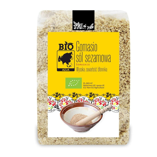 Bio Gomasio Sesamsalz von BIO KONTYNENTY, 250 g, mit geröstetem Sesam und Meersalz in einer hochwertigen Verpackung.