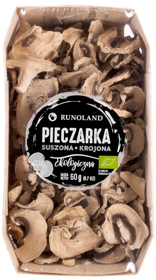 Getrocknete, geschnittene Bio-Pilze von RUNOLAND in 60 g Verpackung, detailreiche Nahaufnahme der Pilze.