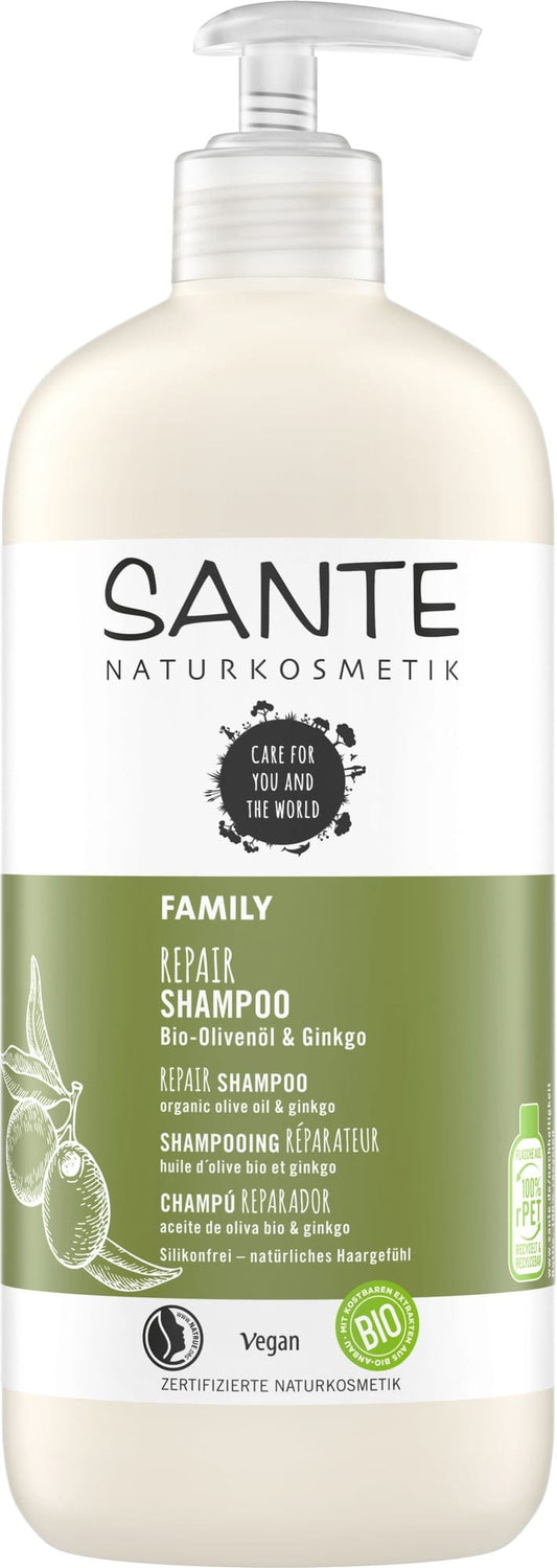 Aufbauendes SANTE Shampoo mit Olivenöl und Ginkgo, 500 ml, für kräftiges Haar, flasche mit grünem Etikett sichtbar