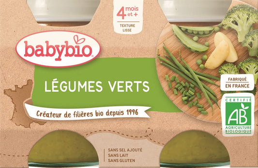Grünes Bio-Gemüsepüree für Babys ab 4 Monaten, glutenfrei, 2x130 g von BABYBIO, enthält püriertes Gemüse in Dose