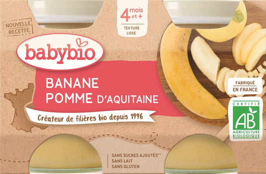 Bananendessert mit Apfel für Babys ab 4 Monaten, glutenfrei, BIO, 2x130 g von BABYBIO, zeigt das Produkt in der Packung