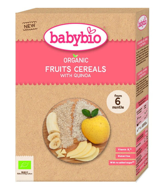 Bio Getreidebrei mit Früchten für Babys ab 6 Monaten, glutenfrei, in 200 g Packung von BABYBIO, zeigt den fertigen Brei in einer Schüssel