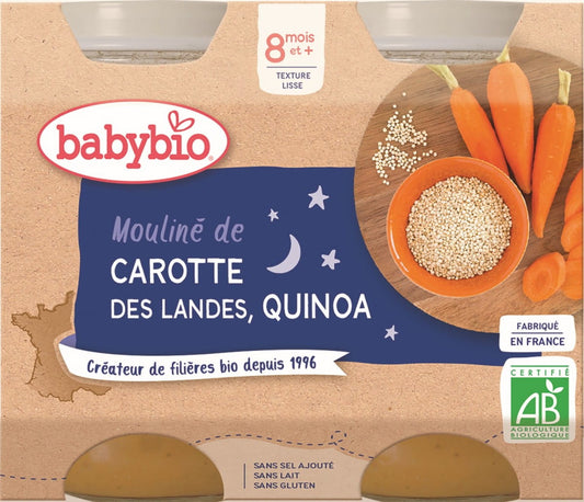 Gute-Nacht-Gericht Quinoa mit Karotten von BABYBIO, glutenfrei, für Babys ab 8 Monaten, 2x200 g Packung, biologische Qualität