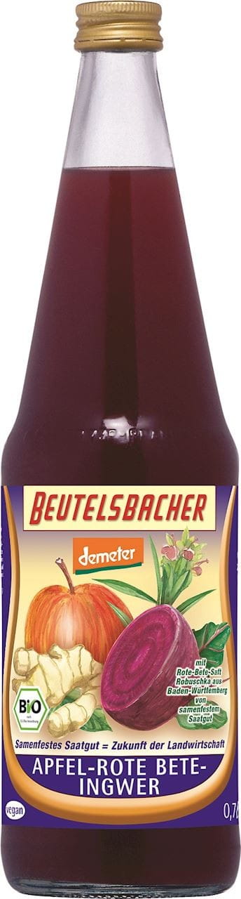 Bio Apfel, Rote Beete und Ingwersaft von Beutelsbacher in 700 ml Flasche, frisch und natürlich, mit roter Beete, Apfel und Ingwer.