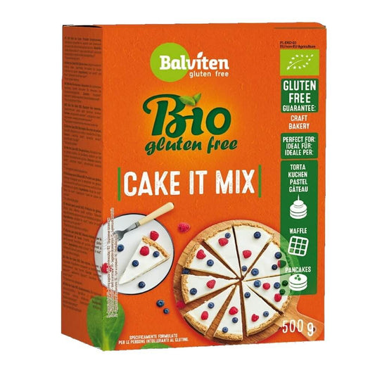 Glutenfreie BIO Kuchenbackmischung von BALVITEN in 500 g, zeigt die Verpackung mit natürlichem Design und Produktinformationen.
