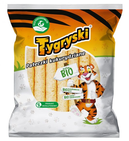 Bio glutenfreie Tigermais-Sticks von TBM, knuspriger Mais-Snack in 60 g Packung, ideal für glutenfreie Ernährung.