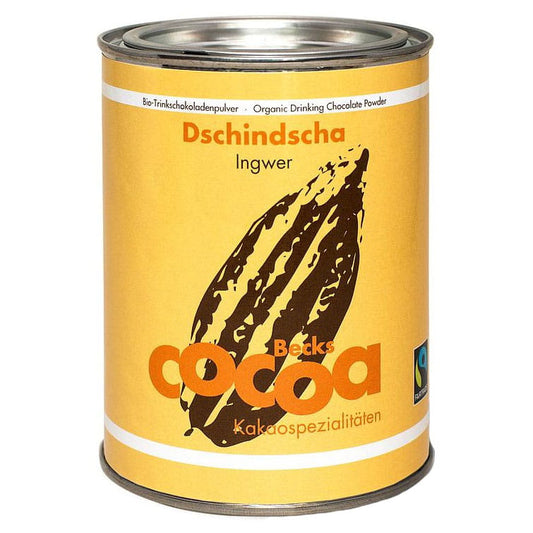 Bio Fairtrade glutenfreies Ingwer-Schokoladenpulver von BECKS COCOA in 250 g Packung, mit frischem Ingwer und Schokolade.