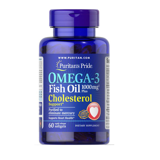 Fischöl Omega-3 1000 mg mit Cholesterinunterstützung in 60 Kapseln, PURITAN'S PRIDE, zeigt die Fischöl-Kapseln in der Verpackung