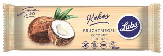 Glutenfreier Dattelriegel mit Kokosraspeln von LUBS, Bio, 40 g, zeigt den Riegel mit Kokosnussstücken und Datteln.