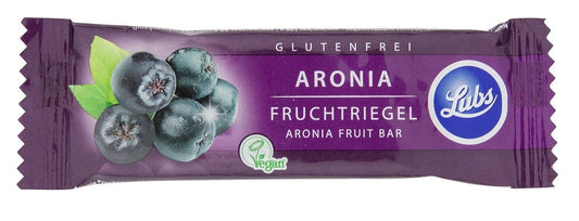Glutenfreier Dattelriegel mit Aronia aus biologischem Anbau von LUBS, zeigt den Riegel mit Datteln und Aroniabeeren auf Verpackung