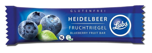 Bio glutenfreier Mandelriegel mit Blaubeeren von LUBS, 30 g, Nahaufnahme des Riegels mit Nüssen und Beeren.