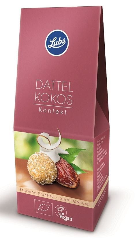 Dattelpralinen mit Kokosflocken, glutenfrei und BIO, LUBS, 100 g, Nahaufnahme der getrockneten Datteln und Kokosraspeln