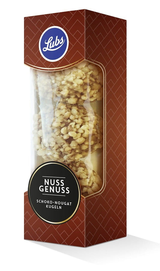Bio glutenfreie Nougatpralinen mit Milchschokolade und Haselnüssen, LUBS, 3 x 15 g, detailreiche Nahaufnahme