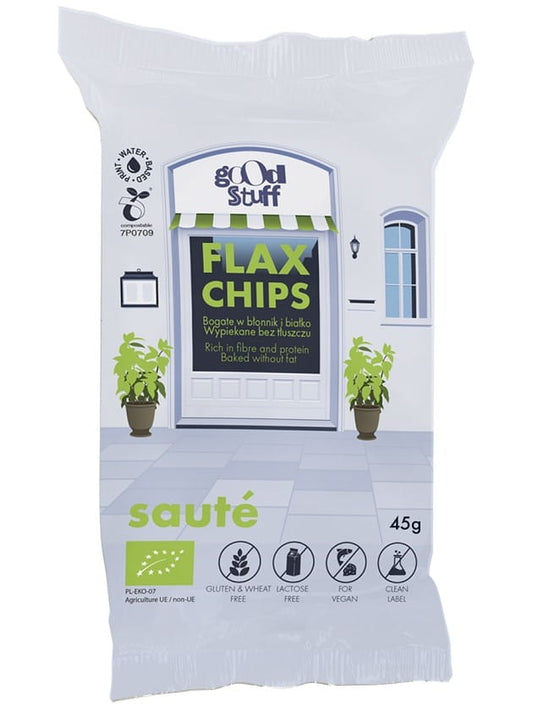 Bio glutenfreie Leinenchips von GOOD STUFF, gebacken, knusprig und gesunde Snack-Alternative in 45 g Verpackung