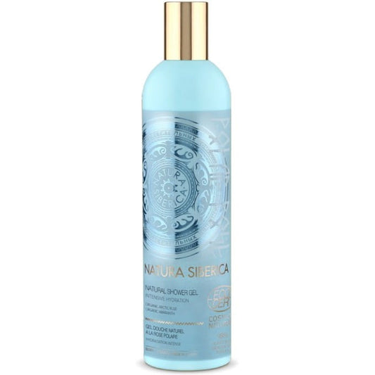 Duschgel Arctic Rose Eco von NATURA SIBERICA, feuchtigkeitsspendend, 400 ml, rosa Verpackung mit Rosenmuster.