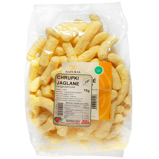 Hirse-Chips von BJOS, 75g, knusprige gesunde Snacks aus Hirse, natürliche Zutaten, in einer offenen Verpackung sichtbar