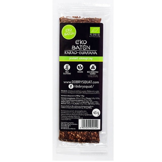 Bio Guarana-Kakaoriegel von DOBRY SQUAT, 45 g, mit Guarana und Kakao, natürliche Snack-Alternative, energiereich, verpackt in Pappschachtel