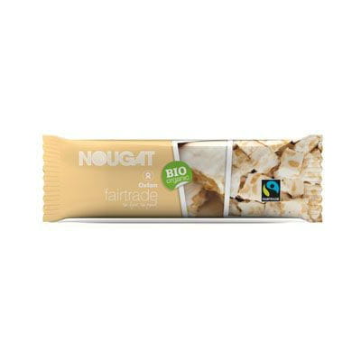 Bio Fairtrade Nougatriegel von OXFAM, 30 g, mit Nüssen und Honig, in goldener Verpackung auf weißem Hintergrund.