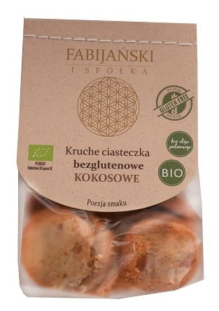 Glutenfreies Kokos-Shortbread BIO von FABIJAŃSCY, 100 g, mit Kokosgeschmack und natürlichen Zutaten, auf weißem Hintergrund.