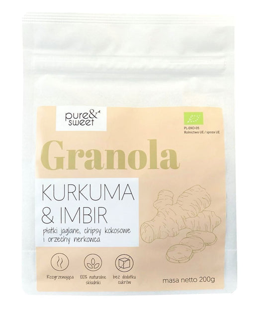 Bio Granola Kurkuma Ingwer von PURE&SWEET in 200 g Packung, zeigt eine Schale mit knuspriger, goldener Müslimischung.