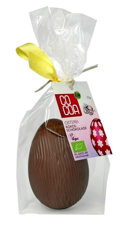 Bio Kokos-Schokolade Ei von COCOA, mit Schokoladenüberzug und Kokosfüllung, 55 g, detailreiche Nahaufnahme