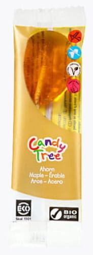Glutenfreie Bio-Ahornlutscher von CANDY TREE, 13 g, mit Ahornsirup Geschmack und natürlicher Süße, in der Verpackung.