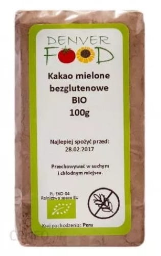 Gemahlener glutenfreier Kakao von DENVER FOOD, 100 g, feines Kakaopulver in einer Verpackung.