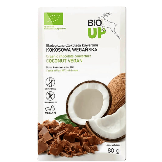Vegane Kokosschokolade Bio von MEGUSTO, 80 g, mit Kokosnuss und Schokoladengeschmack, in einer Packung.
