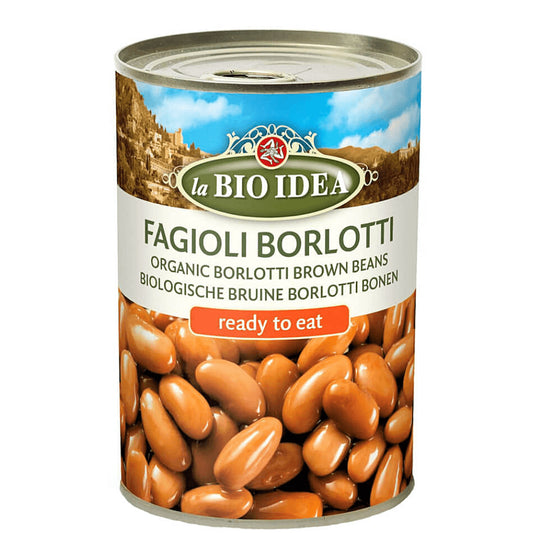 Borlottibohnen in Dose, BIO-Qualität, 400 g, von LA BIO IDEA, sichtbare Dose mit weißen Bohnen vor grünem Hintergrund