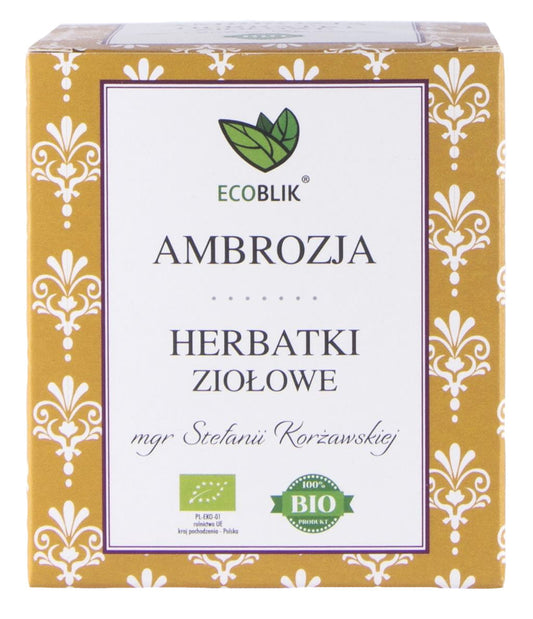 Bio Ambrosia-Tee von ECOBLIK, 20 Beutel à 2 g, mit frischen Kräutern in einer offenen Teeverpackung.