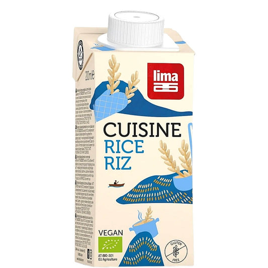 Glutenfreies, eingedicktes Bio-Reisprodukt von LIMA in 200 ml Flasche, cremige Textur, ideal für glutenfreie Gerichte.