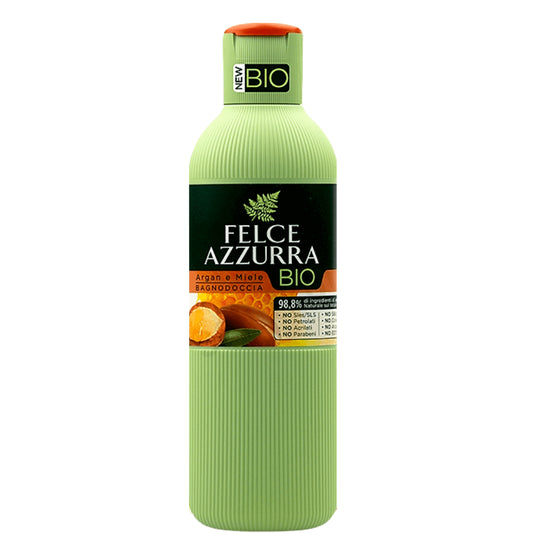 Dusch- und Badegel von FELCE AZZURRA mit Arganöl und Bio-Honig, 500 ml, flüssige Textur in einer weißen Flasche
