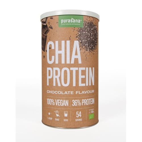 Chiasamenprotein mit Schokoladengeschmack der Marke PURASANA, glutenfrei und bio, 400 g Verpackung, Nahaufnahme