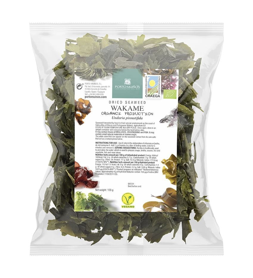 Getrocknete Bio-Wakame Meeresalgen im Folienbeutel, 100 g von PORTO MUINOS, frische und nahrhafte Meeresalgen für die Küche