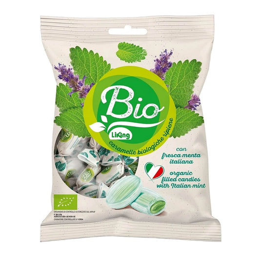 Glutenfreie Minzbonbons von LIKING, BIO, 90 g, süße und erfrischende Bonbons mit Minzgeschmack, im Verpackungspaket sichtbar