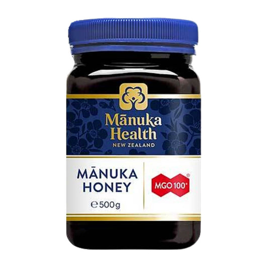 Manukahonig 100+ und 500g von Manuka Health New Zealand, Honig mit Manuka-Qualität in Glasbehälter, Nahaufnahme