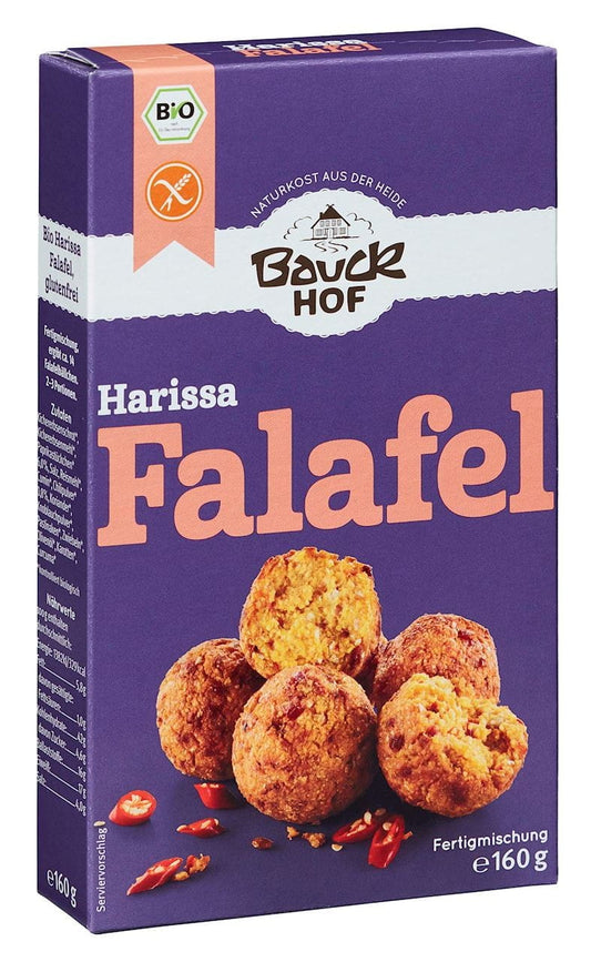 Glutenfreier Falafel-Mix mit Harissa-Gewürz von BAUCK HOF, BIO, 160 g, zeigt den vorbereiteten Falafel-Mix in einer Schüssel.