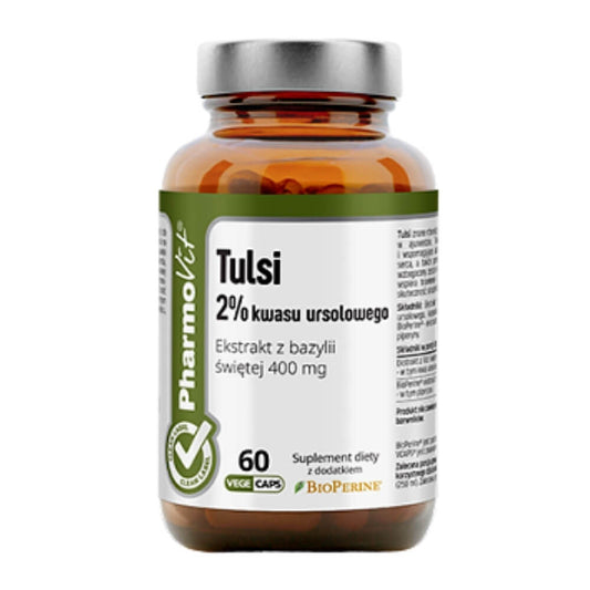 PHARMOVIT Tulsi 2% Ursolsäure Heiliger Basilikum-Extrakt 400 MG mit Bioperin, 60 Kapseln, natürliche Heilpflanzenkapseln