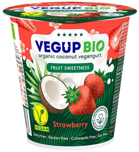 Glutenfreies Erdbeer-Kokosprodukt von VEGUP BIO in 140 g Verpackung, zeigt frische Erdbeeren und Kokosnuss auf der Verpackung