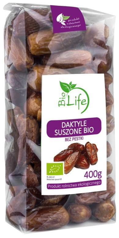 Datteln im 400g ECO BIO LIFE Paket, frische Bio-Datteln in einer transparenten Verpackung, ideal für gesunde Snacks