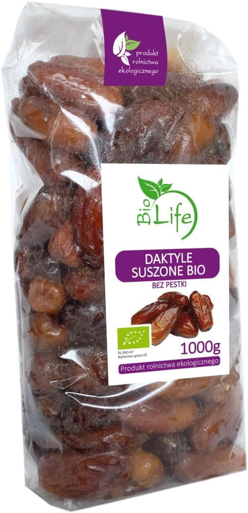 Bio Datteln im 1 kg EKO BIO LIFE Verpackung, frische und saftige Trockenfrüchte, nachhaltiges Bio-Produkt