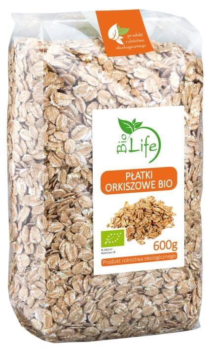 Bio Dinkelflocken von BIO LIFE, 600g, in einer transparenten Schale, zeigt die goldbraunen, getrockneten Dinkelflocken.