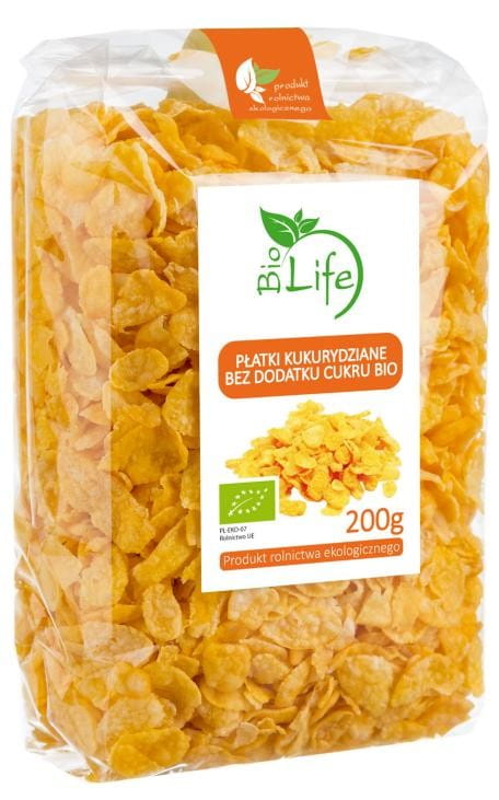 Bio BIO LIFE Cornflakes, 200g Pack, knusprige Frühstückscornflakes in EKO BIO Qualität, sichtbar in der Verpackung