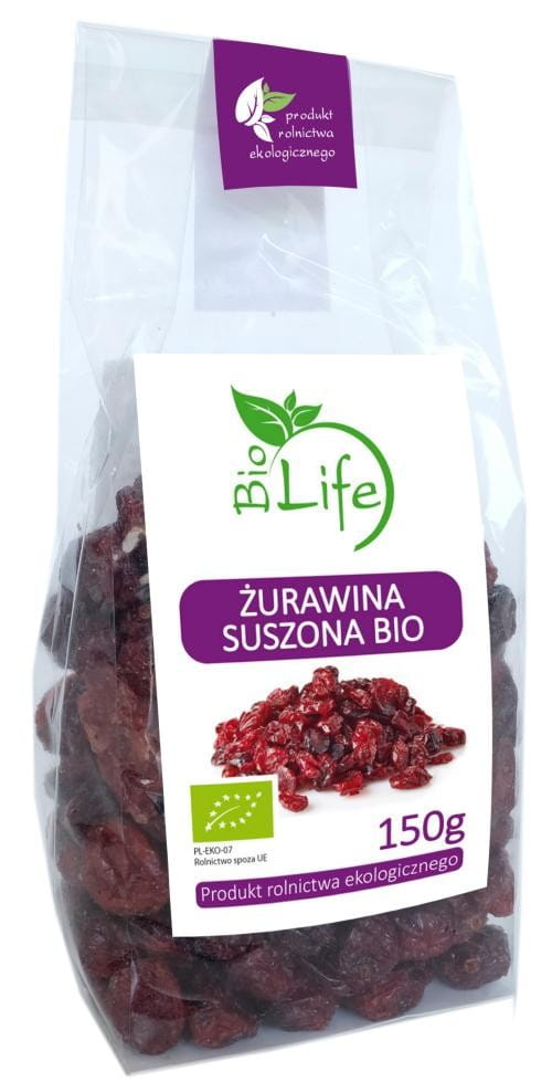 Getrocknete Preiselbeeren in Bio-Qualität, 150g, von BIO LIFE, detailreiche Nahaufnahme der getrockneten Beeren.