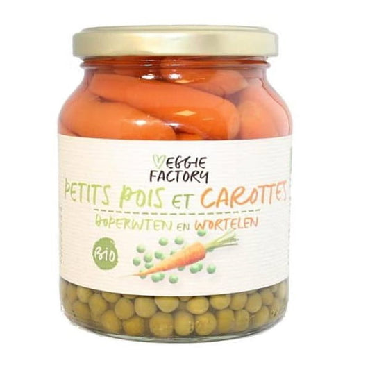 Grüne Erbsen mit Karotten im Glas, vegan und biologisch, von VEGGIE FACTORY, 350g, frischer Gemüsegenuss