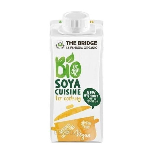 Glutenfreie Sojacreme zum Kochen von THE BRIDGE, 200ml, cremige Konsistenz in einer weißen Flasche